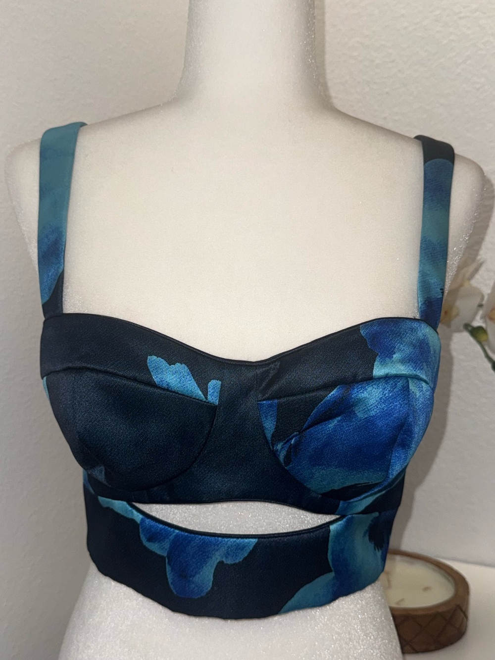 Nicholas Sasha Floral Crop Bustier Corset Top Black Blue